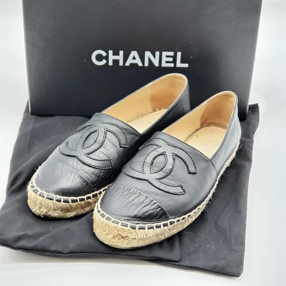 100% Authentic Chanel CC Lambskin Black Espadrille Shoes - Picture 2 of 13